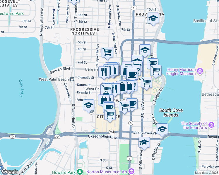 map of restaurants, bars, coffee shops, grocery stores, and more near in West Palm Beach