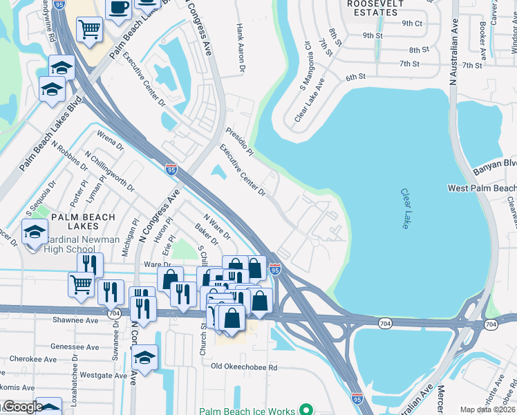 map of restaurants, bars, coffee shops, grocery stores, and more near 421 Executive Center Drive in West Palm Beach