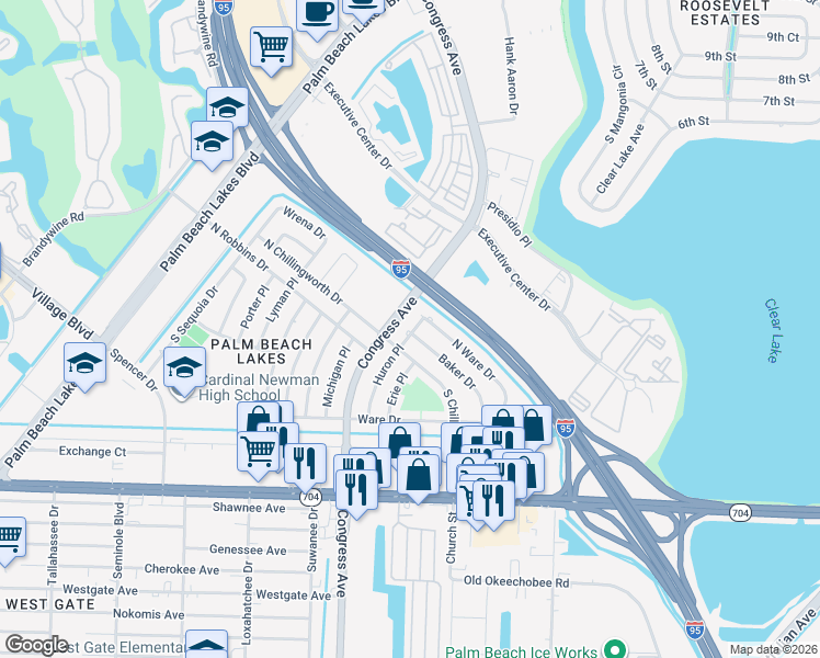 map of restaurants, bars, coffee shops, grocery stores, and more near 206 Baker Drive in West Palm Beach