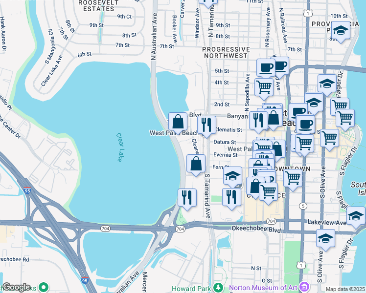 map of restaurants, bars, coffee shops, grocery stores, and more near 300 North Australian Avenue in West Palm Beach