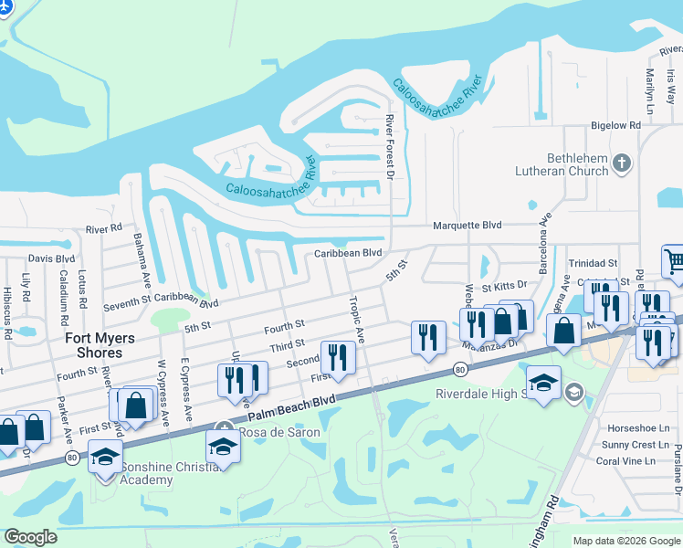 map of restaurants, bars, coffee shops, grocery stores, and more near 2164 Dominica Avenue in Fort Myers