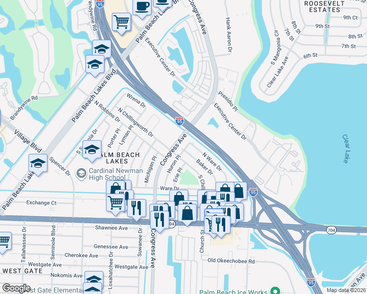 map of restaurants, bars, coffee shops, grocery stores, and more near 206 Baker Drive in West Palm Beach