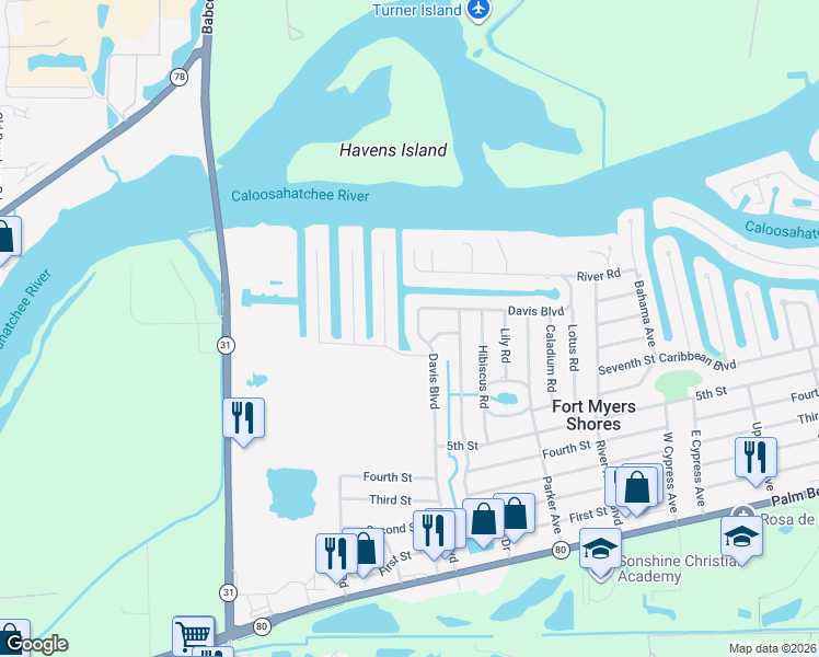 map of restaurants, bars, coffee shops, grocery stores, and more near 2131 Davis Boulevard in Fort Myers