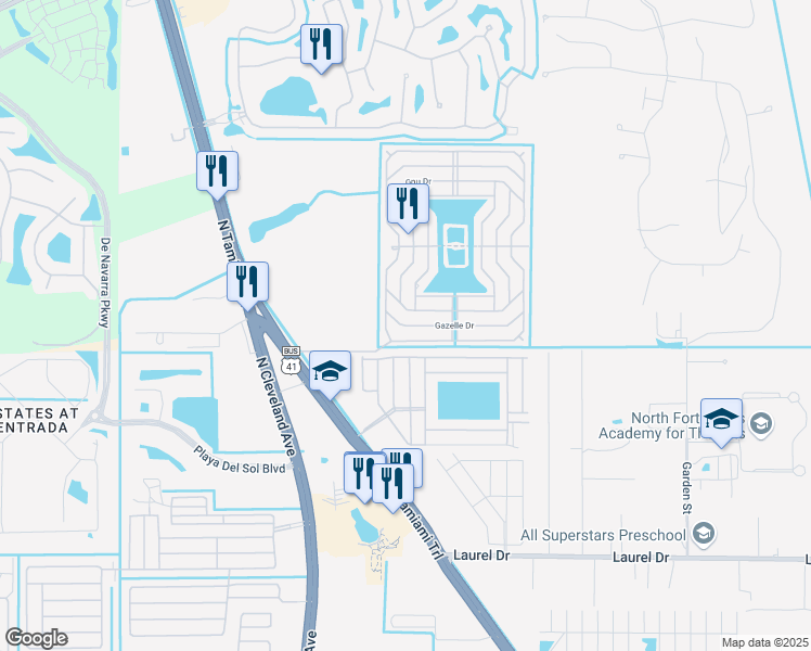 map of restaurants, bars, coffee shops, grocery stores, and more near 225 Gazelle Drive in North Fort Myers