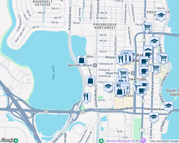 map of restaurants, bars, coffee shops, grocery stores, and more near 201 Clearwater Drive in West Palm Beach