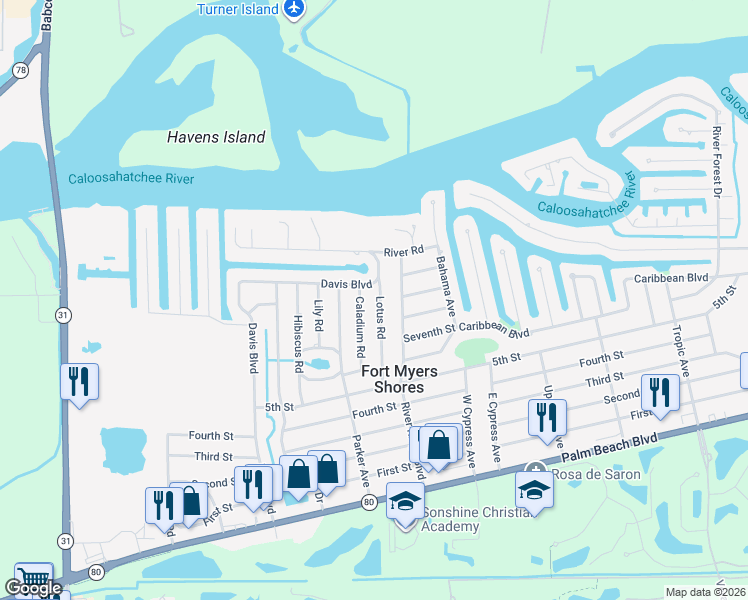 map of restaurants, bars, coffee shops, grocery stores, and more near 2274 Lotus Road in Fort Myers