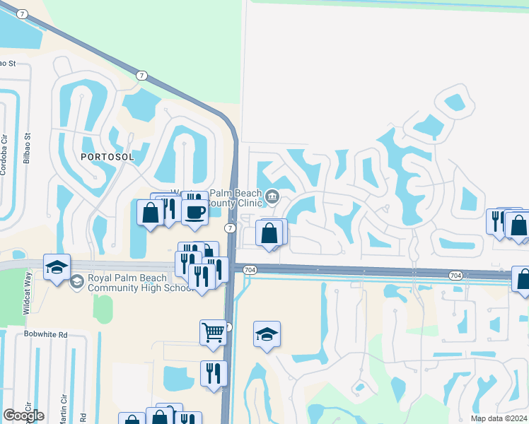 map of restaurants, bars, coffee shops, grocery stores, and more near 9783 Midship Way in Royal Palm Beach