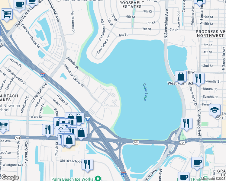 map of restaurants, bars, coffee shops, grocery stores, and more near 700 Executive Center Drive in West Palm Beach
