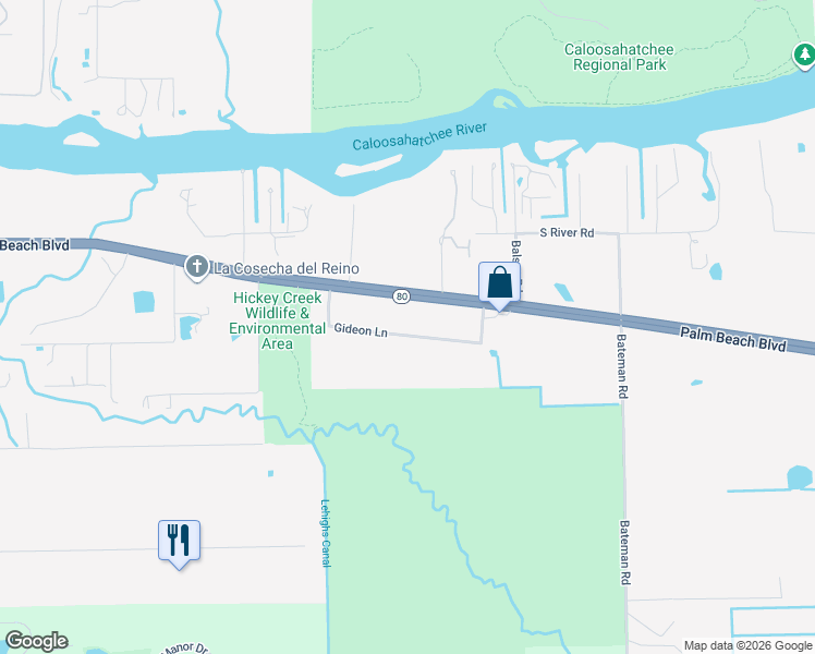 map of restaurants, bars, coffee shops, grocery stores, and more near 18241 Gideon Lane in Alva