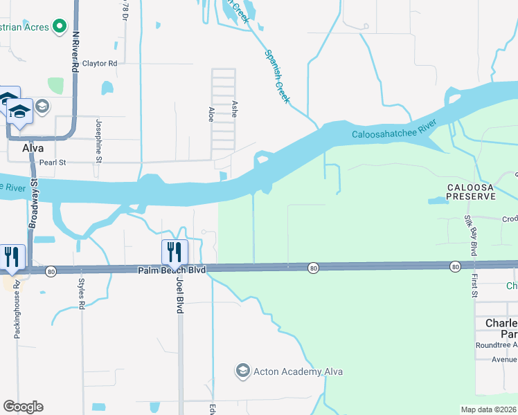 map of restaurants, bars, coffee shops, grocery stores, and more near 2200 Troyers Lane in Alva