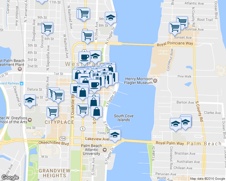 map of restaurants, bars, coffee shops, grocery stores, and more near 155 South Flagler Drive in West Palm Beach