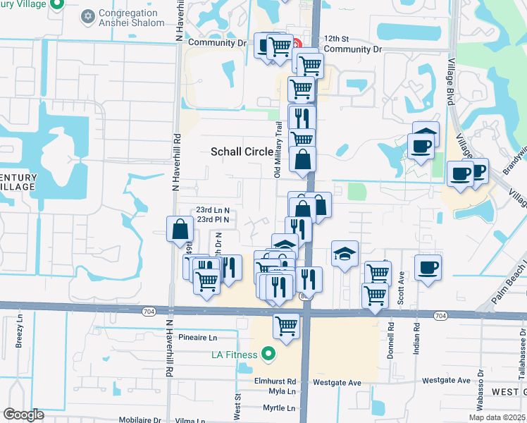 map of restaurants, bars, coffee shops, grocery stores, and more near 2374 Queen Street in West Palm Beach