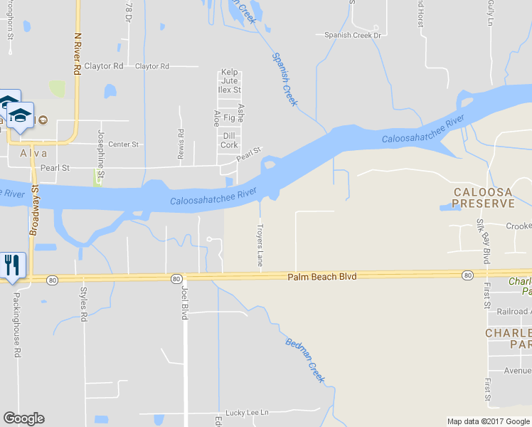 map of restaurants, bars, coffee shops, grocery stores, and more near 2200 Troyers Lane in Alva