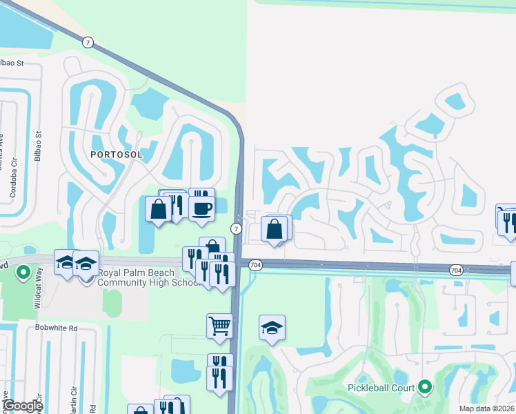 map of restaurants, bars, coffee shops, grocery stores, and more near 9857 Baywinds Boulevard in Royal Palm Beach
