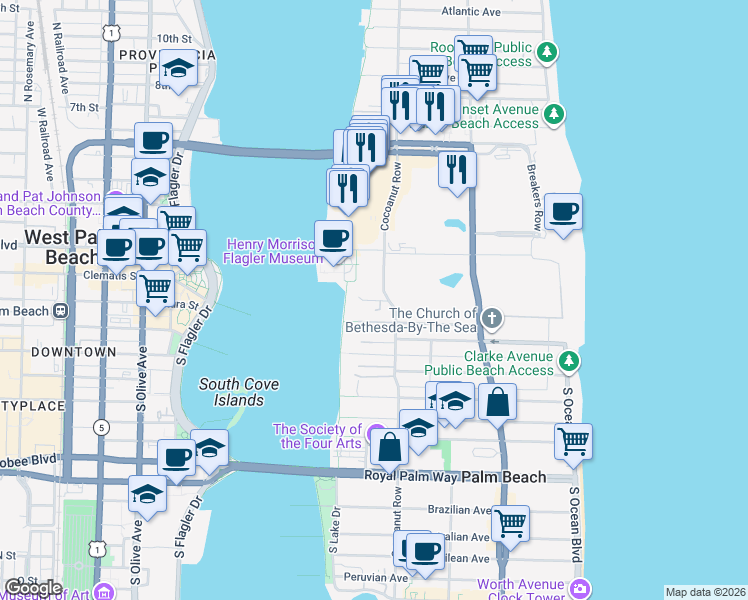 map of restaurants, bars, coffee shops, grocery stores, and more near 300 Chapel Hill Road in Palm Beach