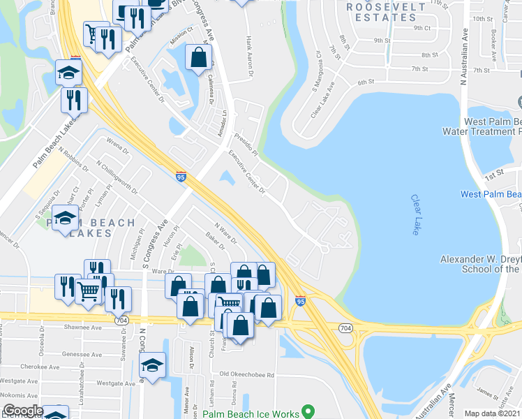 map of restaurants, bars, coffee shops, grocery stores, and more near 421 Executive Center Drive in West Palm Beach