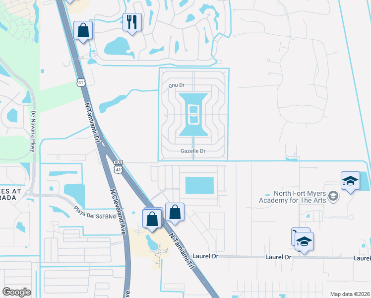 map of restaurants, bars, coffee shops, grocery stores, and more near 230 Gazelle Drive in North Fort Myers
