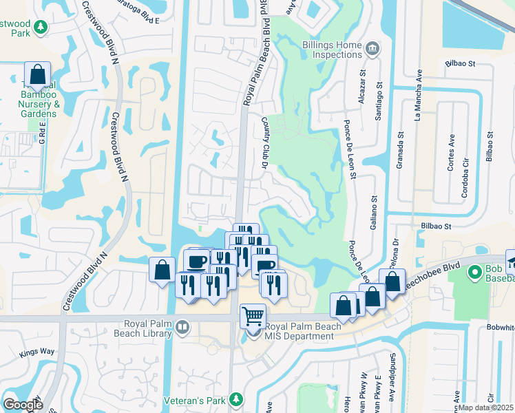 map of restaurants, bars, coffee shops, grocery stores, and more near 101 Via Emilia in Royal Palm Beach