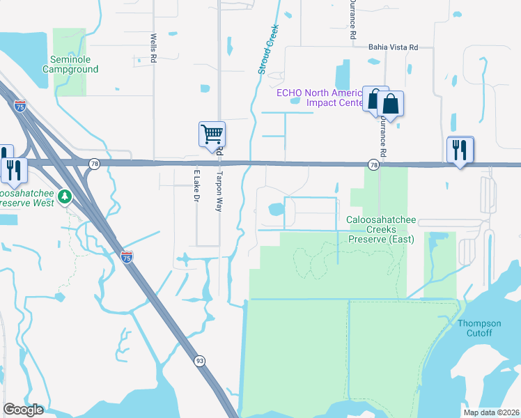 map of restaurants, bars, coffee shops, grocery stores, and more near 17060 Cypress Creek Drive in North Fort Myers