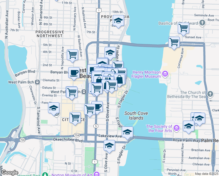 map of restaurants, bars, coffee shops, grocery stores, and more near 209 South Olive Avenue in West Palm Beach