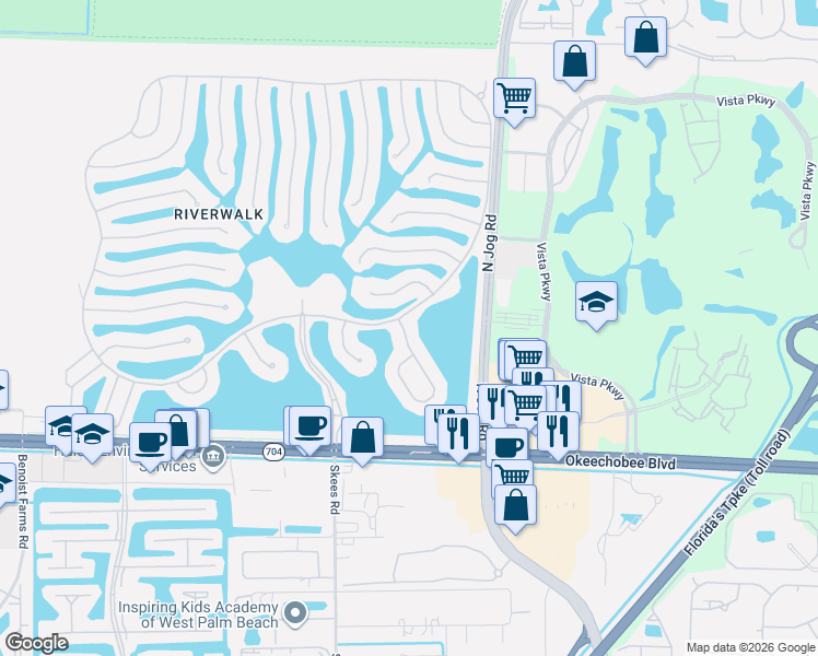 map of restaurants, bars, coffee shops, grocery stores, and more near 2243 Blue Springs Road in West Palm Beach