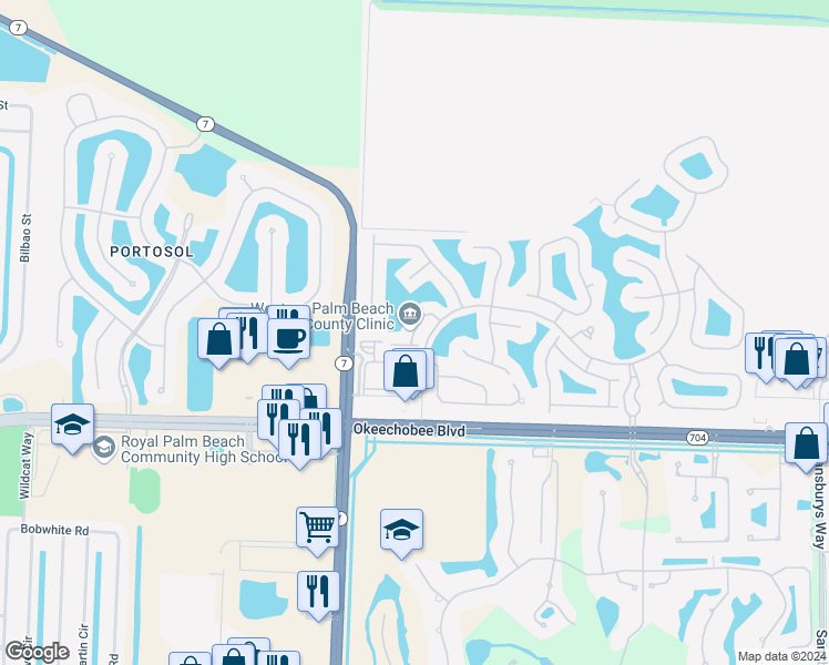 map of restaurants, bars, coffee shops, grocery stores, and more near 9600 Baywinds Boulevard in West Palm Beach