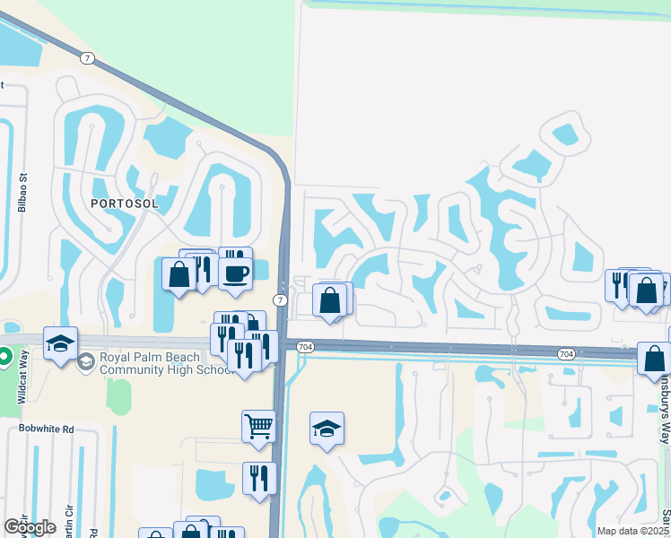 map of restaurants, bars, coffee shops, grocery stores, and more near 9783 Midship Way in Royal Palm Beach
