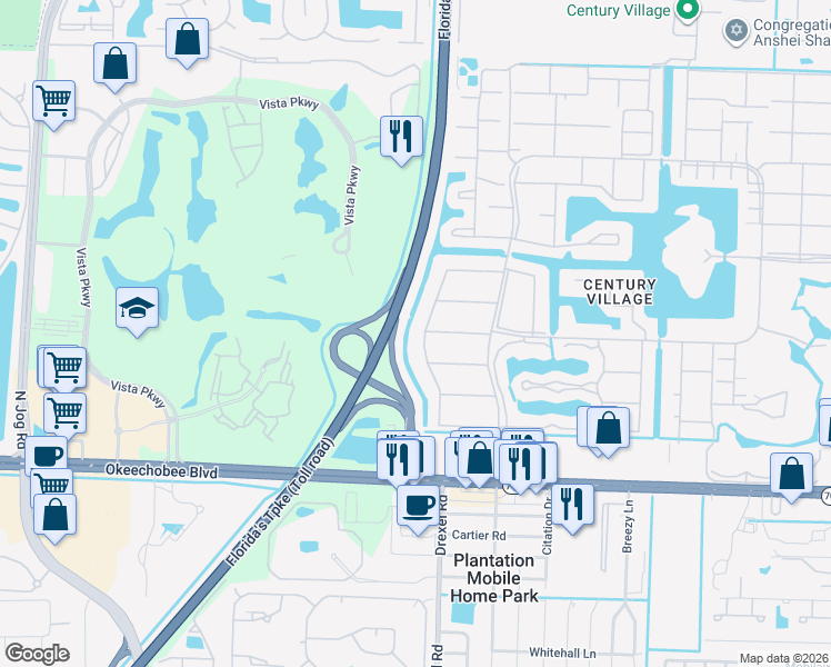 map of restaurants, bars, coffee shops, grocery stores, and more near 90 Windsor East in West Palm Beach