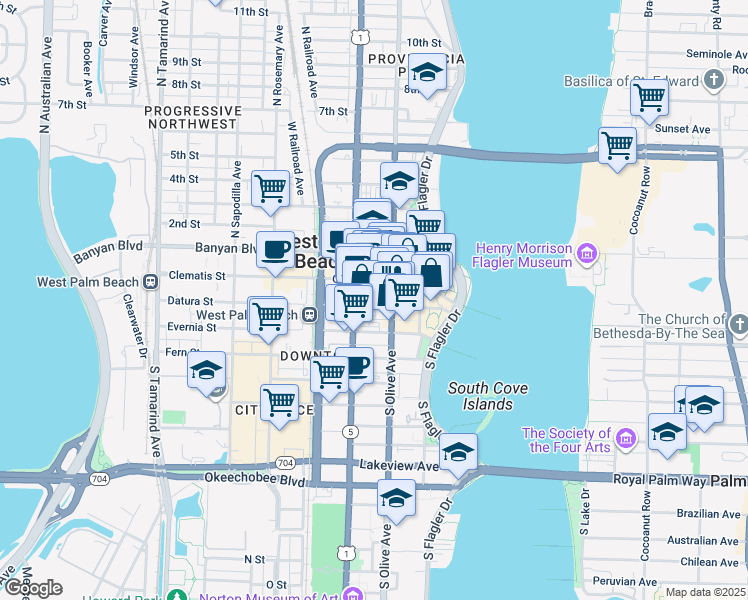 map of restaurants, bars, coffee shops, grocery stores, and more near 209 South Olive Avenue in West Palm Beach