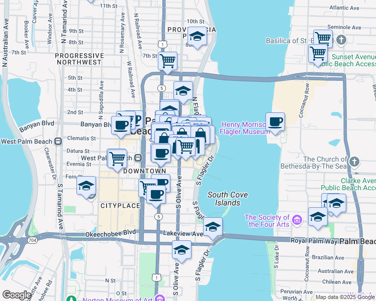 map of restaurants, bars, coffee shops, grocery stores, and more near 201 South Narcissus Avenue in West Palm Beach
