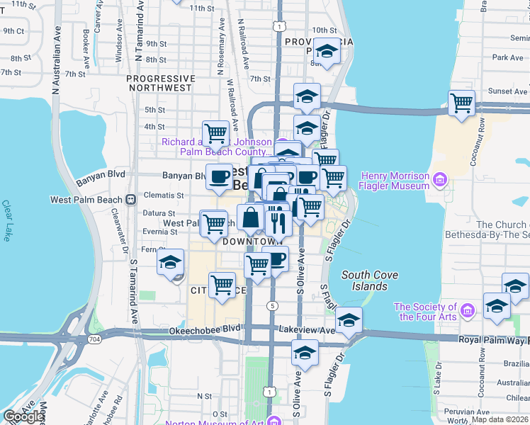 map of restaurants, bars, coffee shops, grocery stores, and more near 445 Datura Street in West Palm Beach
