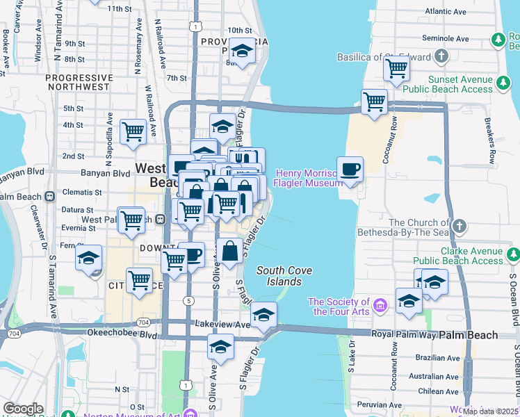 map of restaurants, bars, coffee shops, grocery stores, and more near 155 South Flagler Drive in West Palm Beach