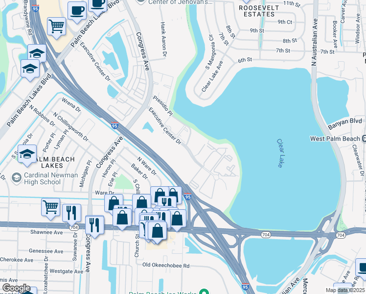 map of restaurants, bars, coffee shops, grocery stores, and more near 421 Executive Center Drive in West Palm Beach