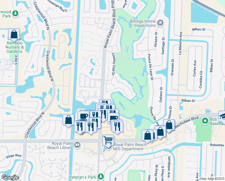 map of restaurants, bars, coffee shops, grocery stores, and more near 101 Via Emilia in Royal Palm Beach