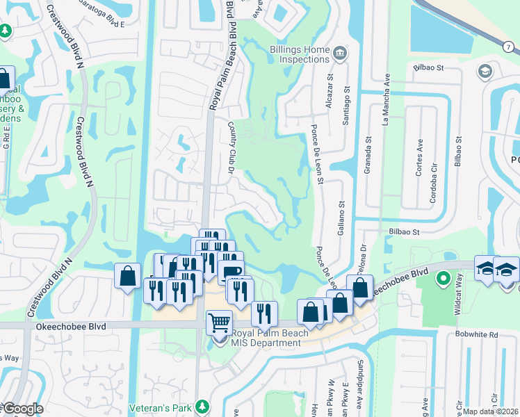 map of restaurants, bars, coffee shops, grocery stores, and more near 1807 Palm Beach Trace Drive in Royal Palm Beach