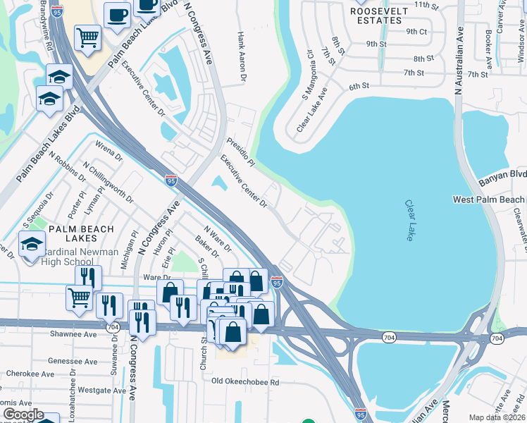 map of restaurants, bars, coffee shops, grocery stores, and more near 409 Executive Center Drive in West Palm Beach