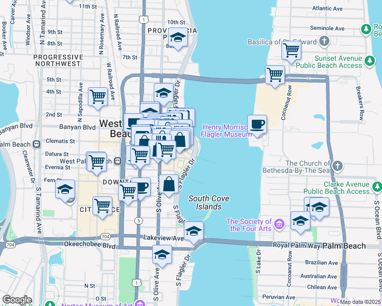 map of restaurants, bars, coffee shops, grocery stores, and more near 101 South Flagler Drive in West Palm Beach