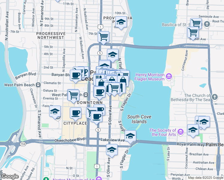 map of restaurants, bars, coffee shops, grocery stores, and more near 209 South Olive Avenue in West Palm Beach