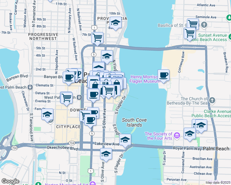 map of restaurants, bars, coffee shops, grocery stores, and more near 201 South Narcissus Avenue in West Palm Beach