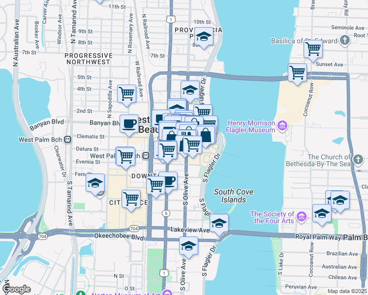 map of restaurants, bars, coffee shops, grocery stores, and more near 209 South Olive Avenue in West Palm Beach
