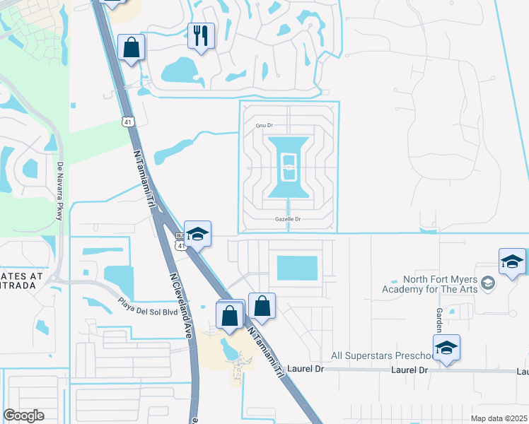 map of restaurants, bars, coffee shops, grocery stores, and more near 202 Eland Drive in North Fort Myers
