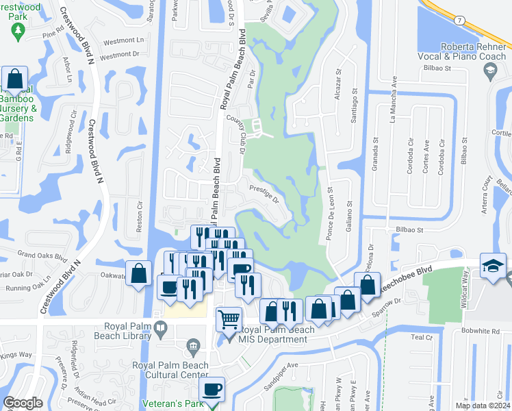 map of restaurants, bars, coffee shops, grocery stores, and more near 2108 Palm Beach Trace Drive in Royal Palm Beach