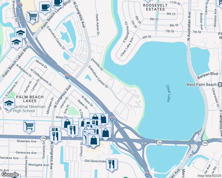 map of restaurants, bars, coffee shops, grocery stores, and more near Executive Center Dr & Presidio Pl in West Palm Beach
