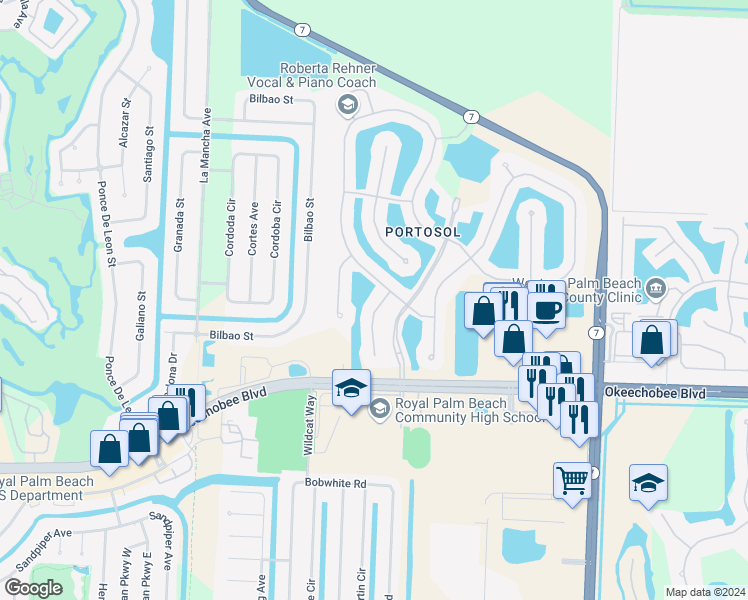 map of restaurants, bars, coffee shops, grocery stores, and more near 2121 Belcara Court in West Palm Beach