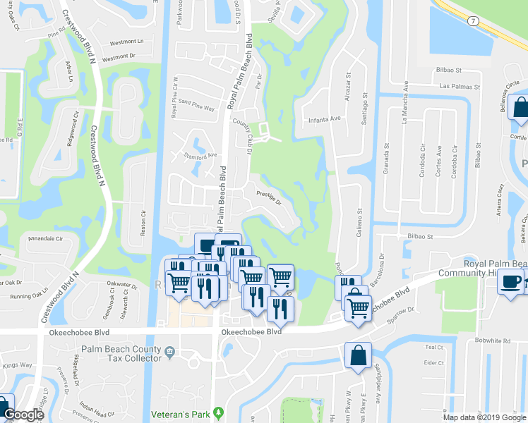 map of restaurants, bars, coffee shops, grocery stores, and more near 1807 Palm Beach Trace Drive in Royal Palm Beach