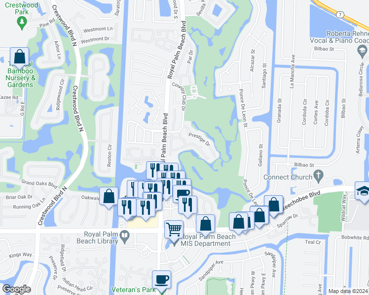 map of restaurants, bars, coffee shops, grocery stores, and more near 101 Via Emilia in Royal Palm Beach