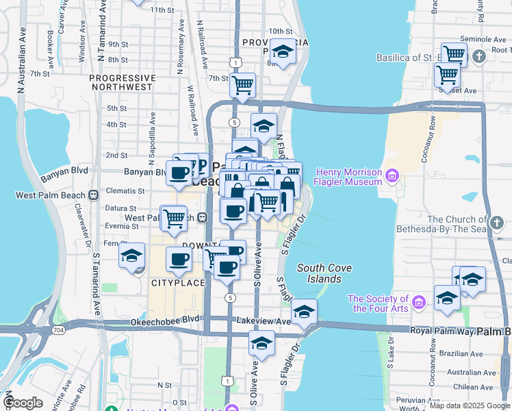 map of restaurants, bars, coffee shops, grocery stores, and more near 209 South Olive Avenue in West Palm Beach