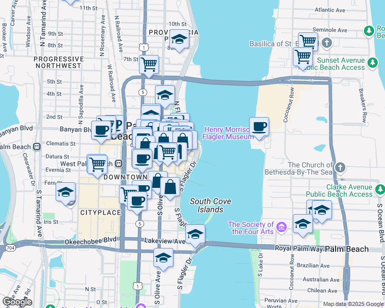 map of restaurants, bars, coffee shops, grocery stores, and more near 101 South Flagler Drive in West Palm Beach