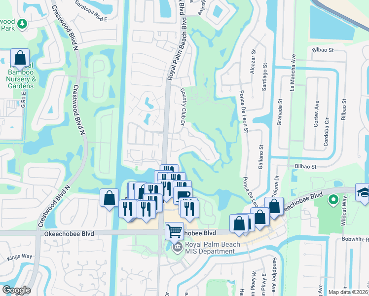 map of restaurants, bars, coffee shops, grocery stores, and more near 104 Palm Beach Trace Drive in Royal Palm Beach