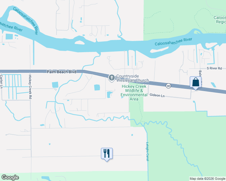 map of restaurants, bars, coffee shops, grocery stores, and more near 17830 Palm Beach Boulevard in Alva